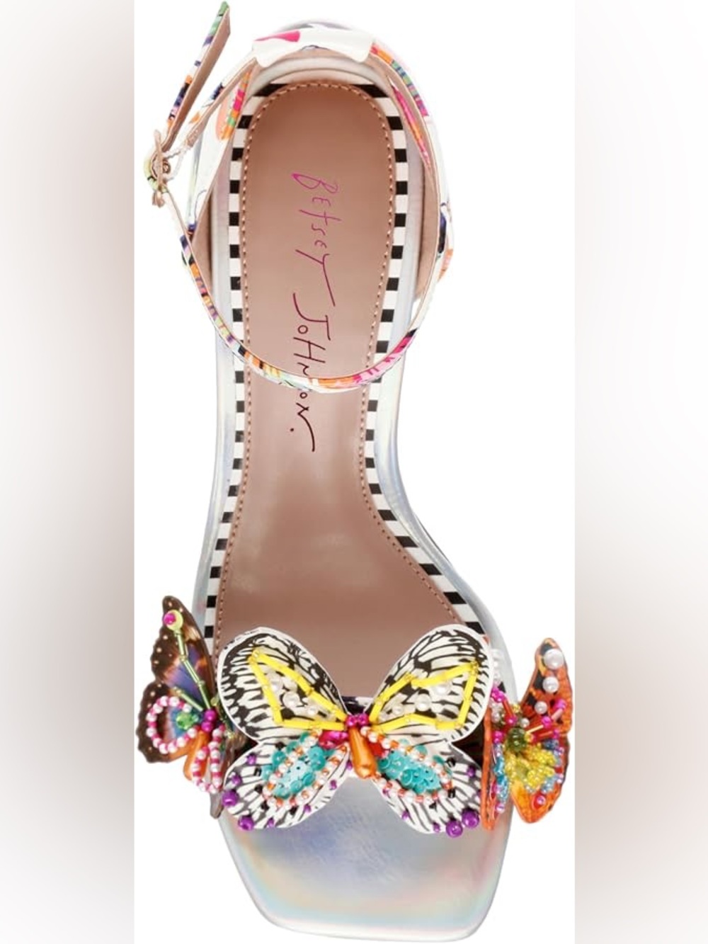 Betsey Johnson White Multicolor Butterfly Embellished Wedge Sandals - Picture 7 of 14